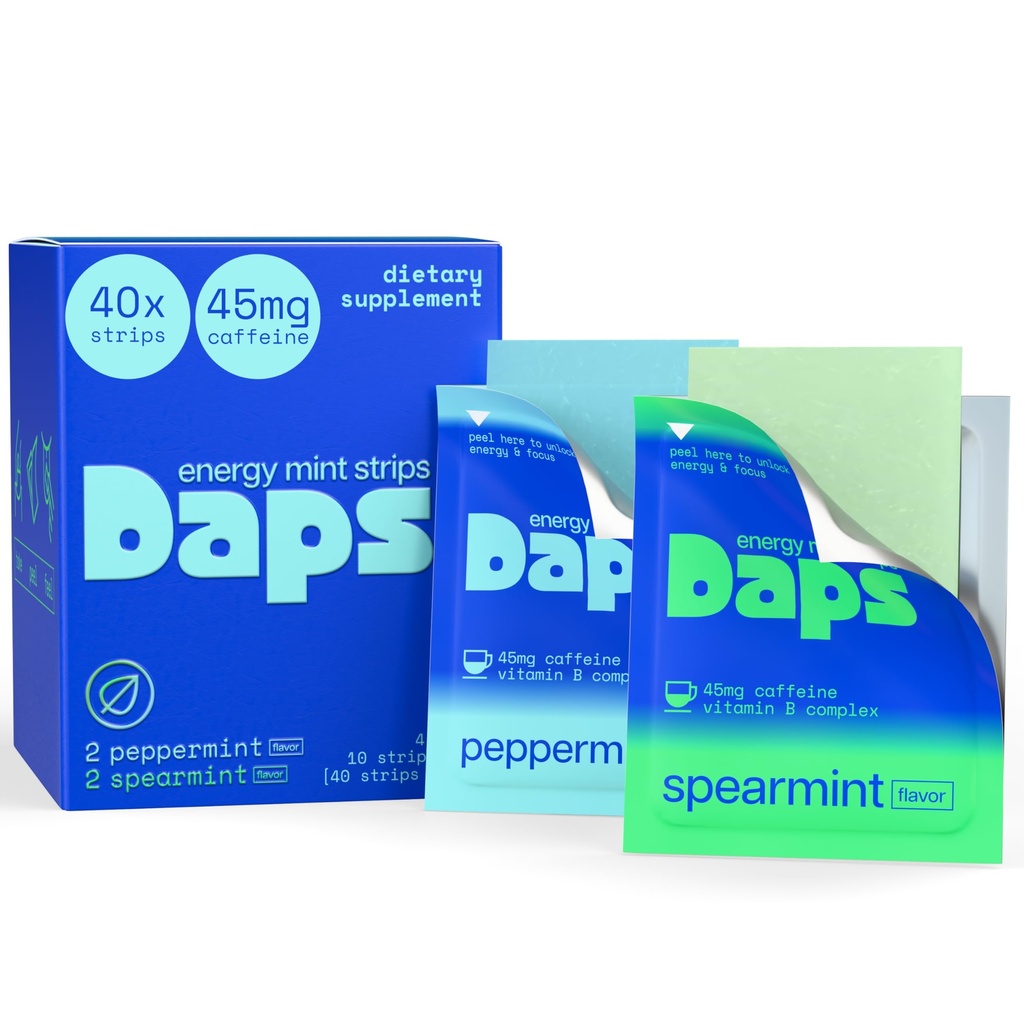 Daps Mint Energy Strips - 45mg Natural Caffeine + B-Vitamins - Fast-Acting Energy Supplement - Works Faster Than Coffee - On-The-Go, Sugar Free - Variety Pack, 40 Strips