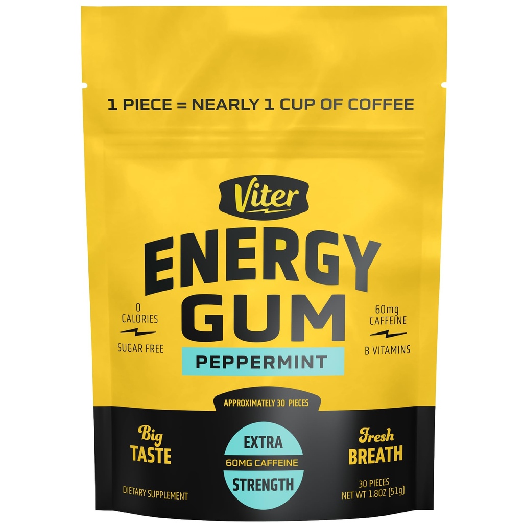 Viter Energy 60mg Caffeine Gum (Peppermint Flavor, 30 Pieces) - Sugar Free, Vitamin B3, B6, B9, B12, Zero Calories, Caffeinated Energy Chews, Nootropic Focus Supplement for Men & Women