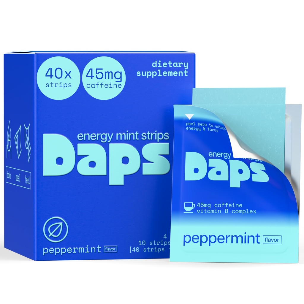 Daps Mint Energy Strips - 45mg Natural Caffeine + B-Vitamins - Fast-Acting Energy Supplement - Works Faster Than Coffee - On-The-Go, Sugar Free - Peppermint, 40 Strips