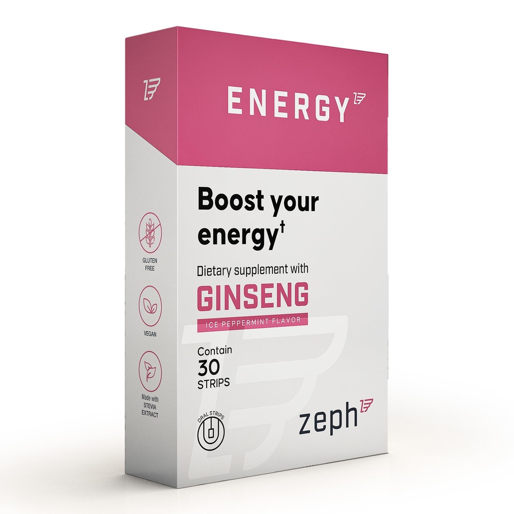 ZEPH Energy Strips - Fast-Acting Natural Energy Supplement - with 3mg Caffeine, L-Theanine, and Vitamin B12 Ice - Peppermint Flavor - 30 UN