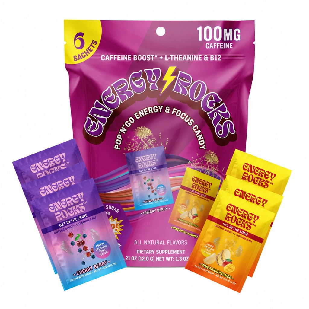 Caffeine Candy - Popping Energy Candy Crystals, 100mg Caffeine, L-Theanine & B12, Fast Energy, No Drink Needed - Coffee Alternative 6-Pack (Cherry Berry & Pineapple Mango)