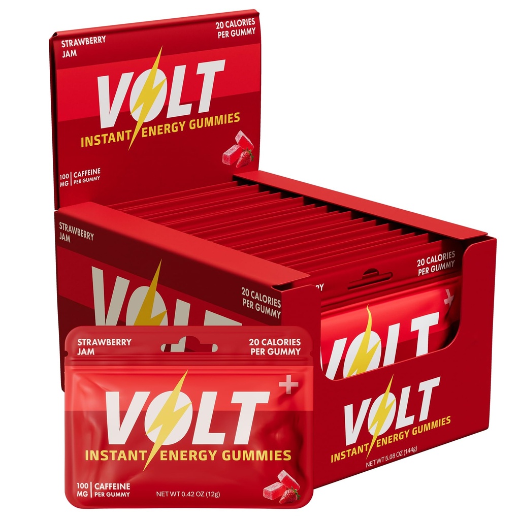 Volt Instant Energy Gummies - 100mg Caffeine per Gummy - Fast-Acting Fuel for Workout, Race + Study - Energy Drink Alternative - Caffeine Chews for Women & Men - Made in USA - Strawberry Jam - 12 Pack