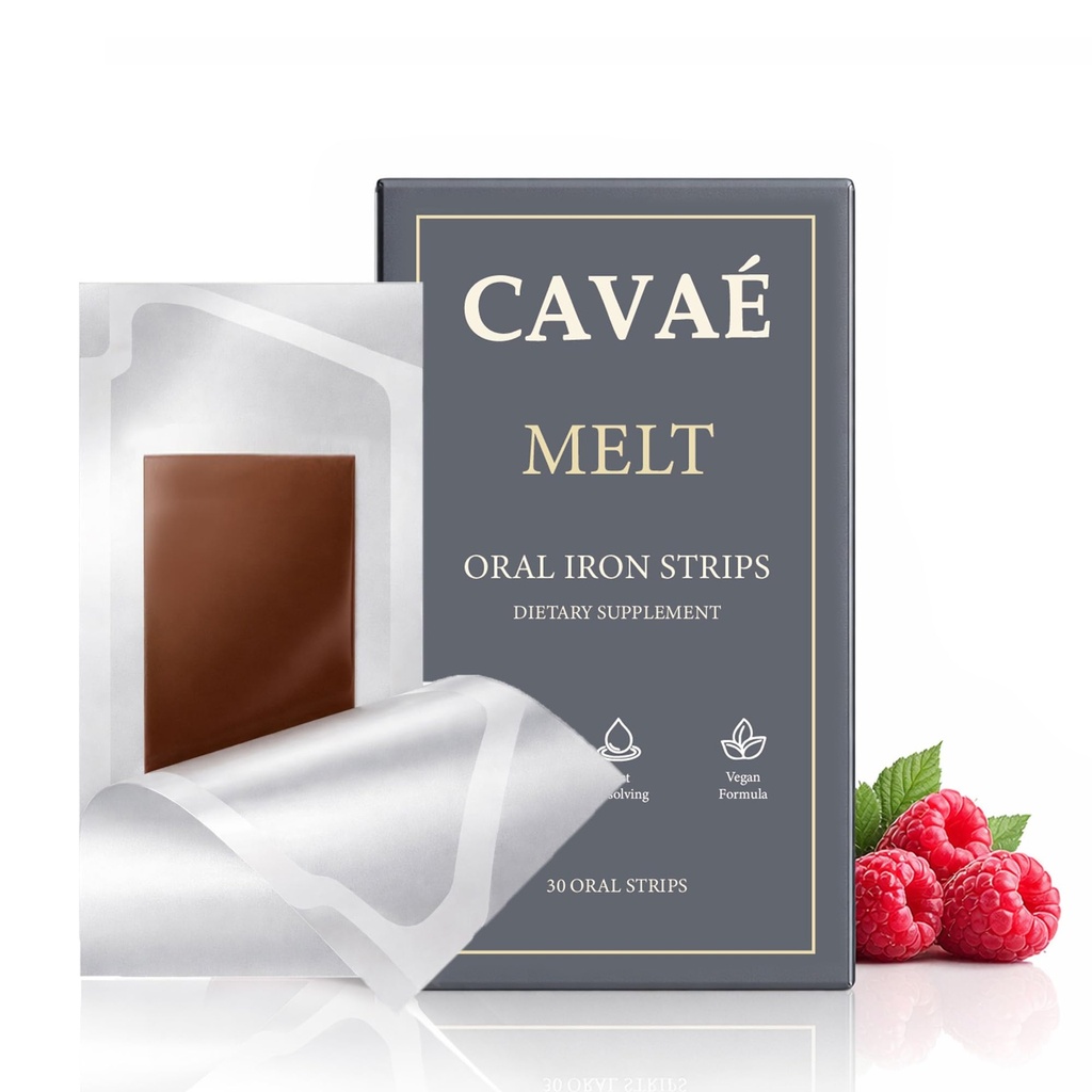 Cavae Oral Iron Strips, Oral Dissolving Film, 19 mg Iron Per Strip, 30 Oral Iron Support for Energy, Raspberry Flavor, No Water Needed