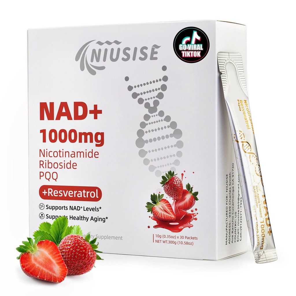 NIUSISE NAD Supplement, NAD+ Liquid, 1000mg Enhanced Formula with PQQ, Nicotinamide Riboside & Resveratrol, Advanced Anti-Aging Support for Men & Women, Sustained Energy, Vitality Boost (30 Packets)