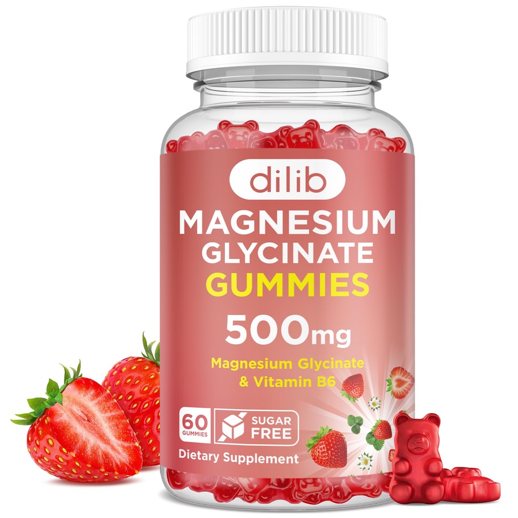 Magnesium Glycinate Gummies 500mg - Magnesium Supplement with Vitamin B6 for Adults & Magnesium for Kids - Calm Magnesium for Sleep, Mood, Muscle Support - Strawberry Flavor, 60 Gummies