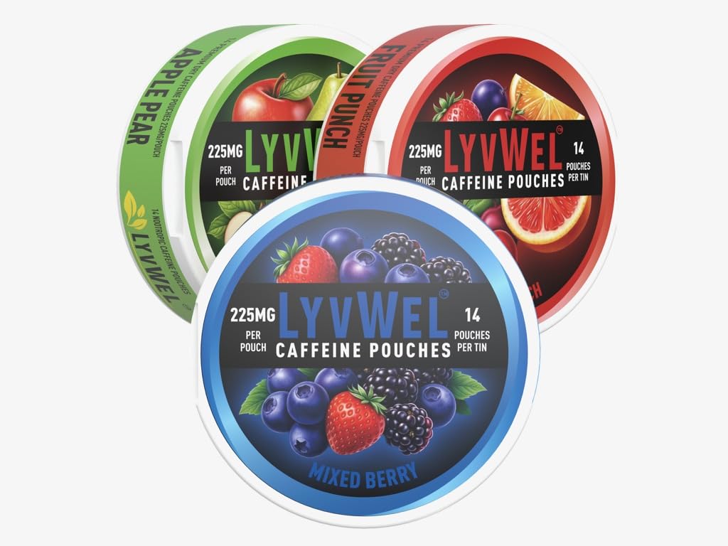 LyvWel 225mg Caffeine Pouches, Guarana-Powered Energy Pouches, Nootropic Pouches, Nicotine Free Pouches & Tobacco-Free, 3-Pack Variety Pack, 42 Pouches