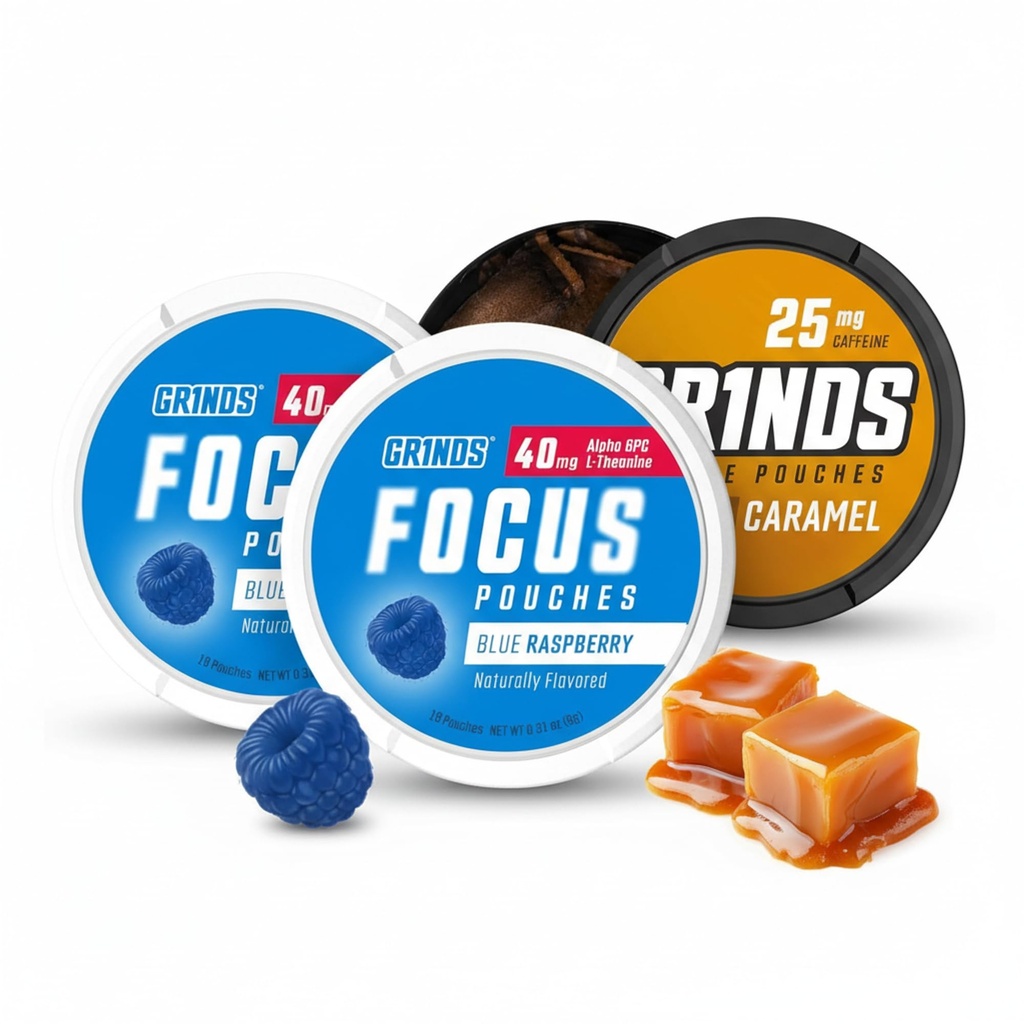 GRINDS Focus & Coffee Pouches Bundle: Blue Raspberry Alpha GPC L-Theanine Nootropic & Caramel Caffeine Coffee Pouches for Enhanced Focus & Energy