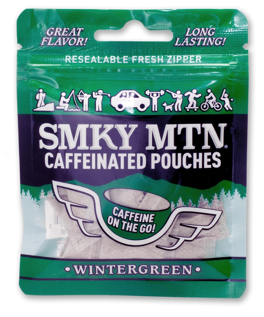 SMOKEY MOUNTAIN Caffeinated Pouches - Wintergreen - Tobacco Free and Nicotine Free - 15 Pouches Per Pack - 10 Packs