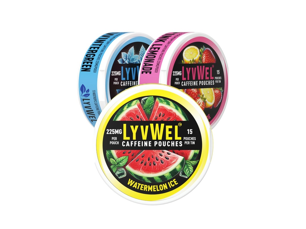 LyvWel 225mg Caffeine Pouches, Guarana-Powered Energy Pouches, Nootropic Pouches, Nicotine Free Pouches & Tobacco-Free 3 Pack, 42 Pouches- Watermelon Ice, Pink Lemonade, Wintergreen