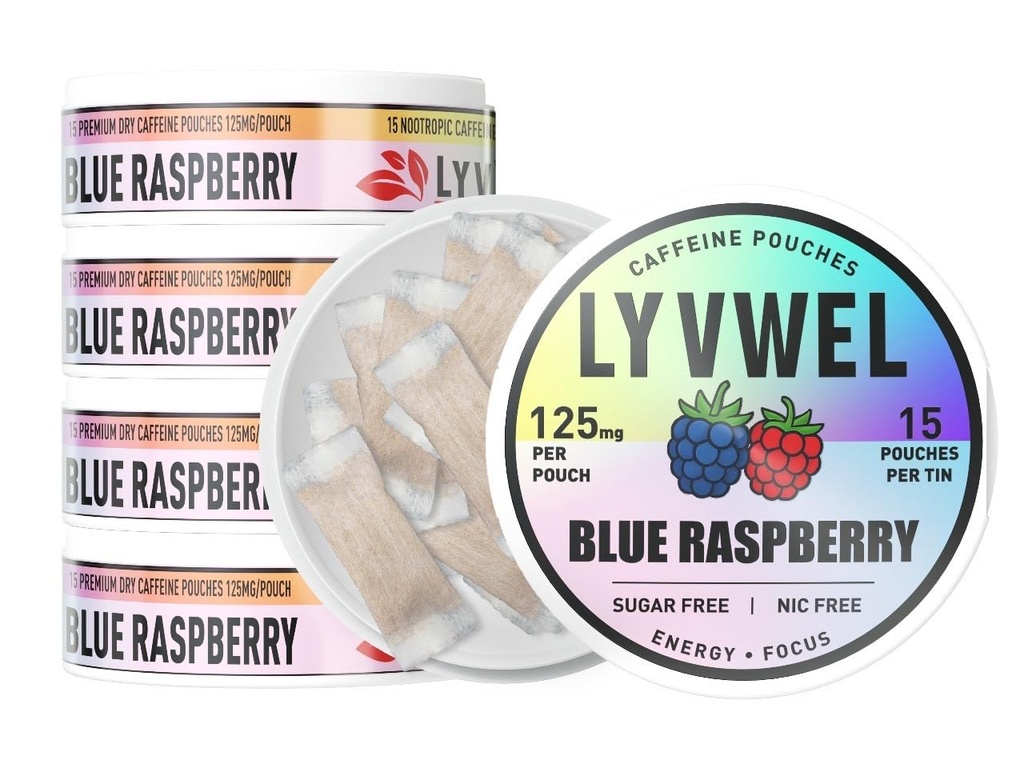 LyvWel 125mg Caffeine Pouches, Guarana-Powered Energy Pouches, Nootropic Pouches, Nicotine Free and Tobacco-Free, 75 Total Pouches, 5 Pack, Blue Raspberry