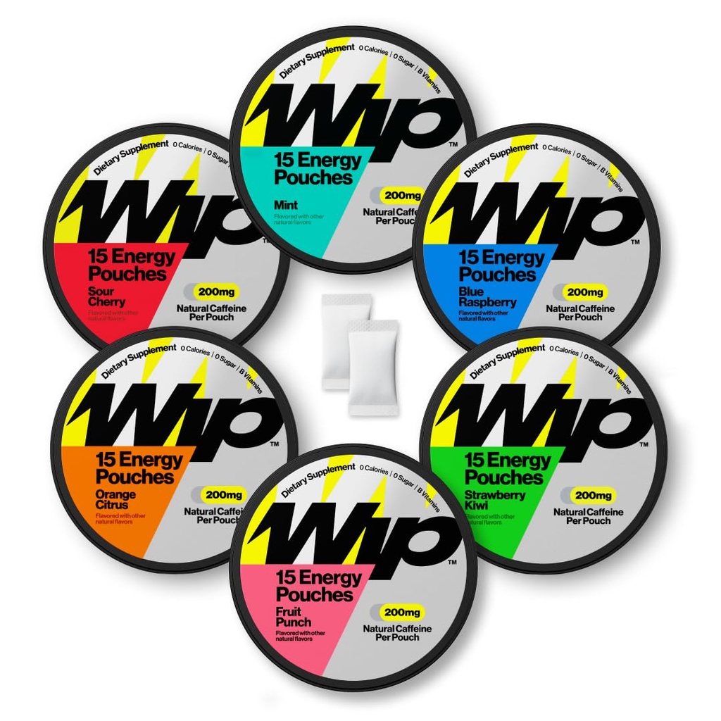 Wip Energy Pouches, Sugar Free Blend of 200 MG Natural Caffeine, B Vitamins & L Theanine, Pre Workout for Active Lifestyles, Variety Pack, 6 Cans, 15 Pouches Each