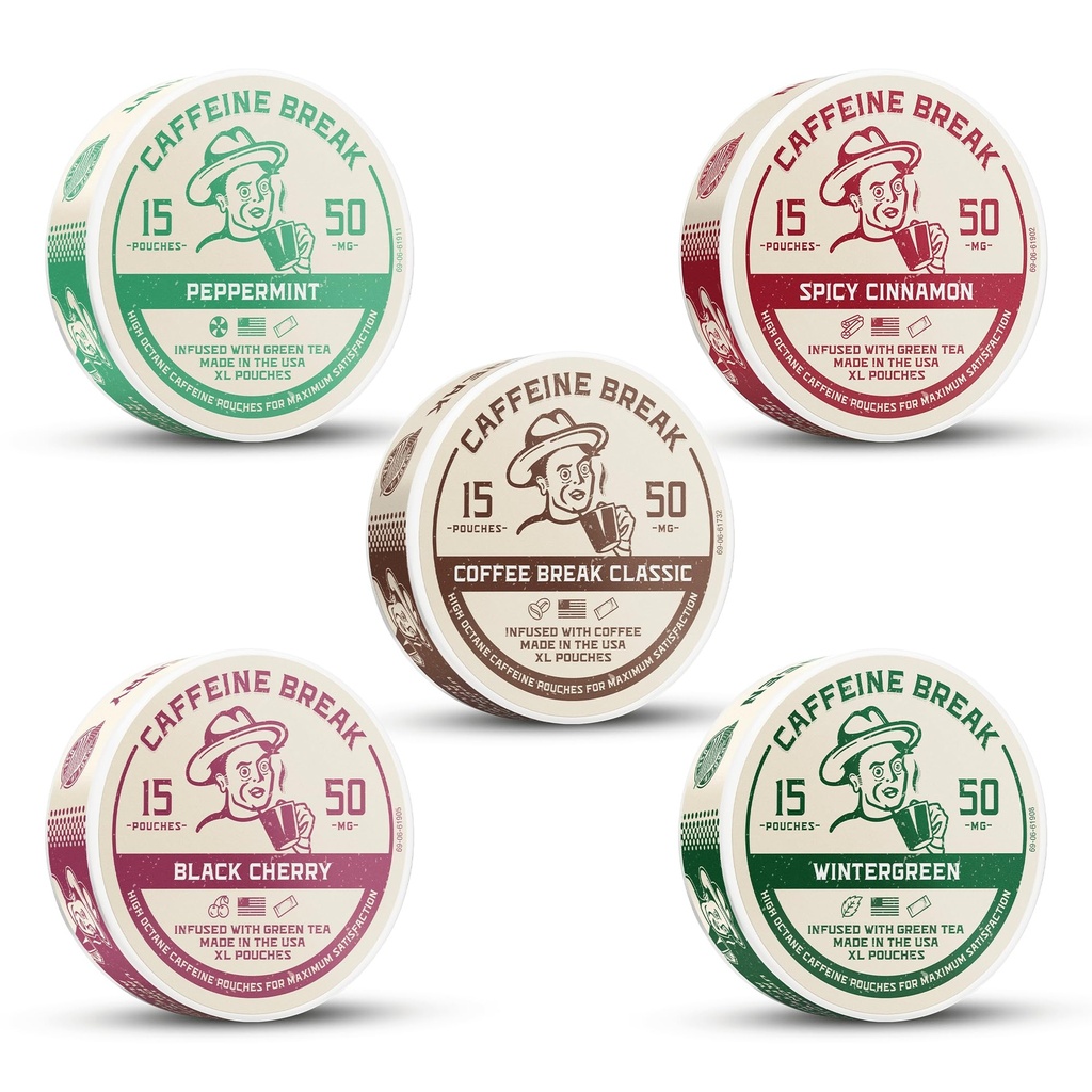 ALP Supply Co Caffeine Break Variety Pack - Wintergreen, Spicy Cinnamon, Peppermint, Black Cherry & Coffee Break Caffeine Pouches - 50mg Each - 5 Pack, 15 Pouches Each