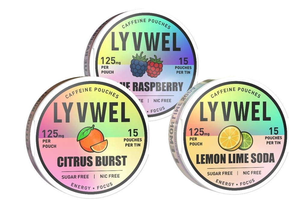LyvWel 125mg Caffeine Pouches, Guarana-Powered Energy Pouches, Nootropic Pouches, Nicotine Free Pouches & Tobacco-Free (45 Total Pouches) (3 Pack, Blue Raspberry, Citrus Burst, Lemon Lime Sod)