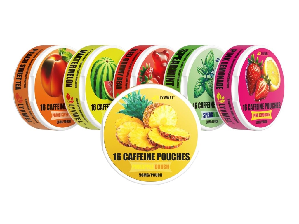 LyvWel 56mg Caffeine Energy Pouches – Pineapple, Pink Lemonade, Peach, Watermelon, Spearmint, Red Gummy – Clean Energy & Focus Boost with Guarana – 6-Pack (96 Total Pouches)