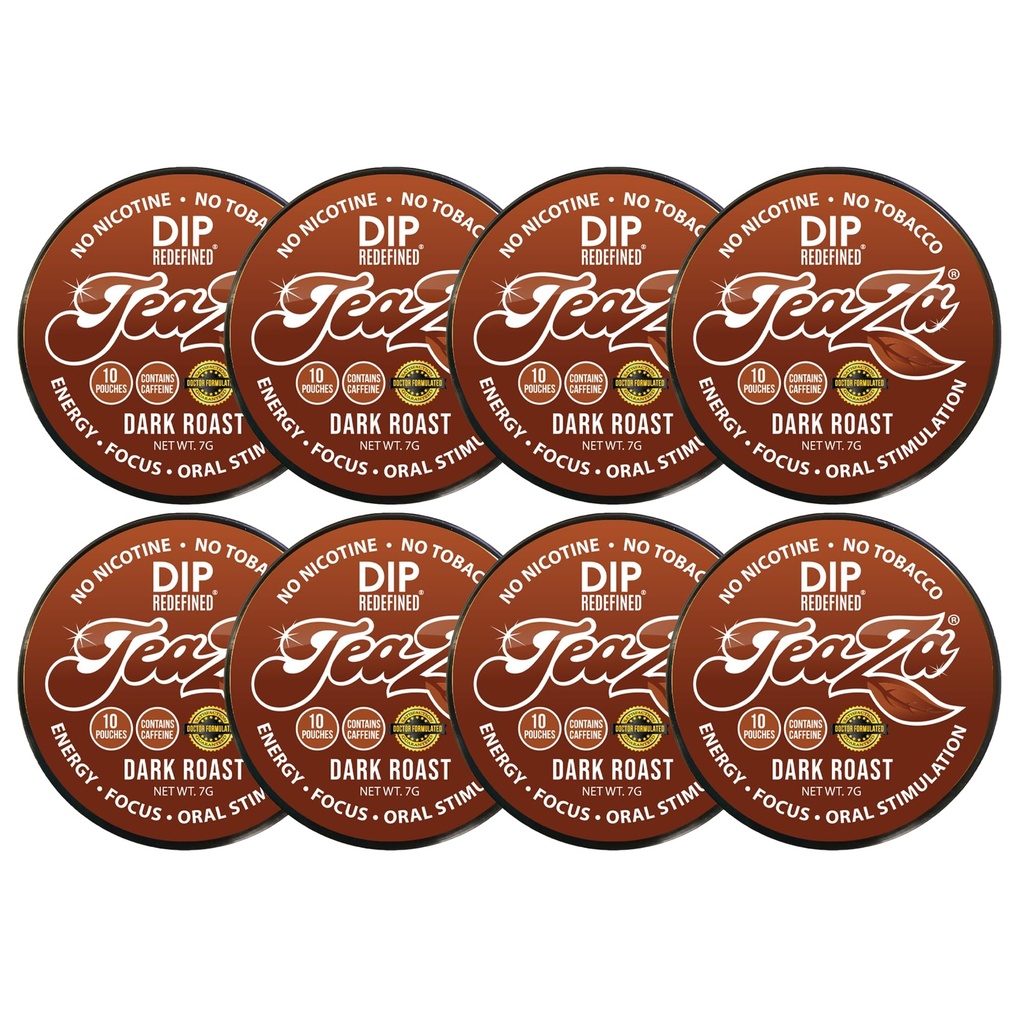 TeaZA Herbal Dip Dark Roast Pouches -Nicotine Free, Tobacco Free - Made with Green Tea Caffeine Energy Pouches (8 Pack)