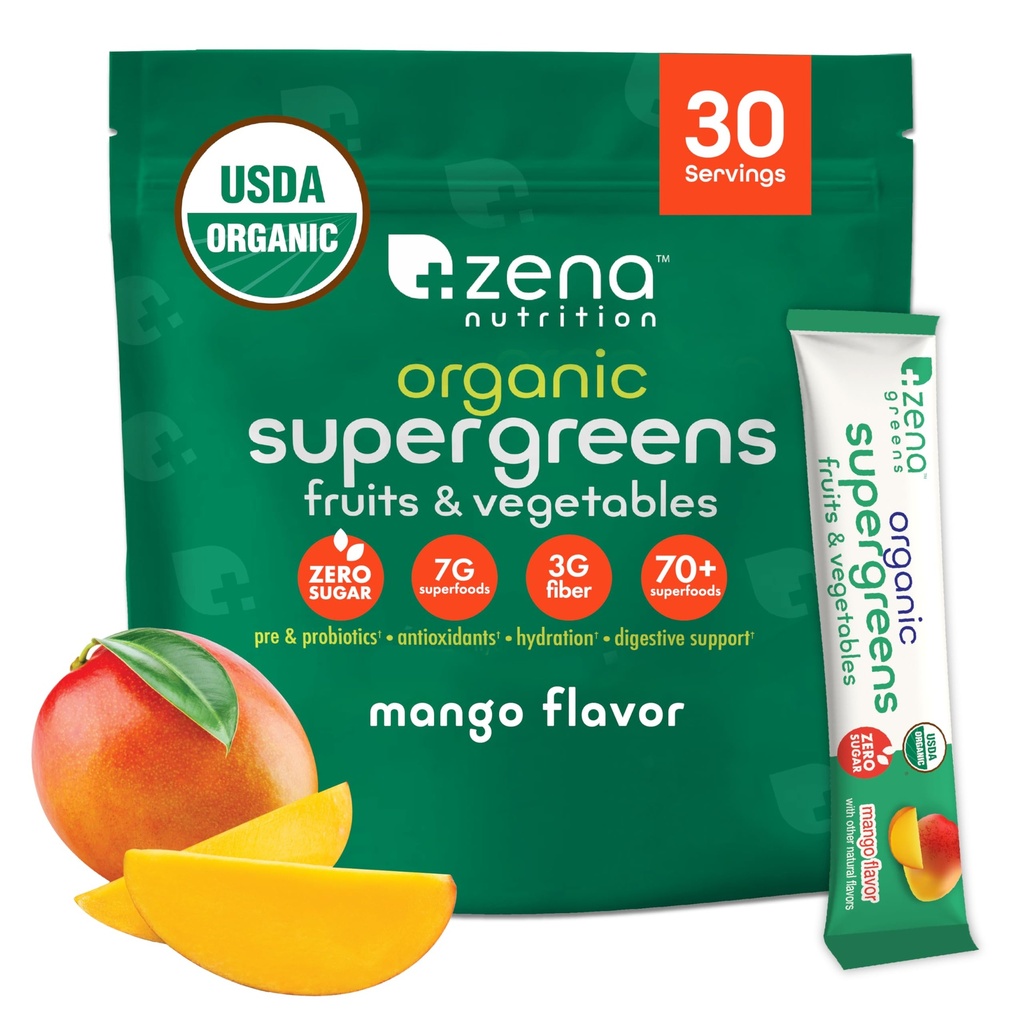 Zena Nutrition Organic Super Greens Powder, 70+ Superfoods, 0 Sugar, 3G Fiber, Spirulina, Chlorella, Μανιτάρια, Πρεβιοτικά/Προβιοτικά, Digestive Enzymes for Gut Health, Mango, 30 Drink Mix Packets