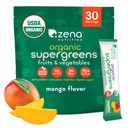 Zena Nutrition Organic Super Greens Powder, 70+ Superfoods, 0 Sugar, 3G Fiber, Spirulina, Chlorella, Μανιτάρια, Πρεβιοτικά/Προβιοτικά, Digestive Enzymes for Gut Health, Mango, 30 Drink Mix Packets