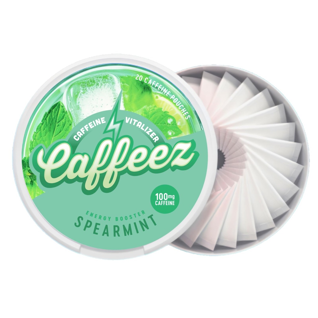 CAFFEEZ VITALIZER CAFFEINE™ - Energy Pouches | Caffeine Pouches | 50mg Natural Caffeine | 250mg Guarana | 0 Calories | 0 Sugar | 20 Pouches Per Can | 1 Tin or 1 Sleeve (1 Tin, Spearmint)