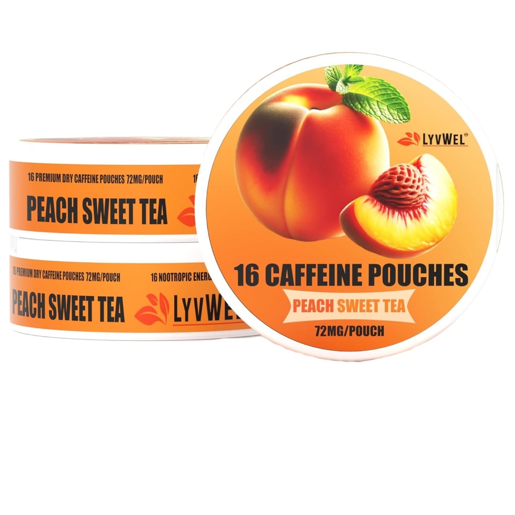 LyvWel 72mg Caffeine Energy Pouches | Natural Energy & Focus Supplement | 3-Pack – 16 Pouches Per Can | Fast-Acting, Guarana-Infused, No Crash (3 Pack, Peach Sweet Tea)