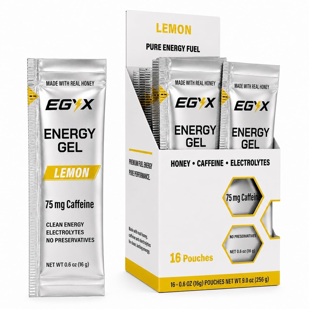 Honey-Based Energy Gel – 75mg Caffeine, Fast Clean Energy, Preservative-Free for Running, Workouts & Daily Use, 16 Pack (Lemon)