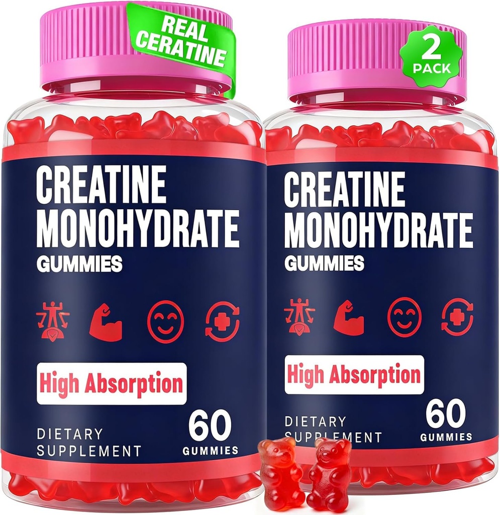Creatine Monohydrate Gummies for Women & Men, Taurine & B6, Chewable Creatina Pre Workout Gummies for Max Strength & Muscle Growth, Energy, Endurance, Createine for Men & Women - 2 Μπουκάλια