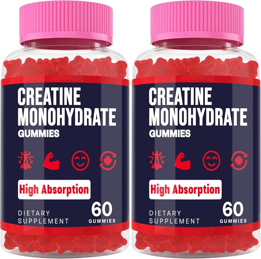 Creatine Monohydrate Gummies for Women & Men, Taurine & B6, Chewable Creatina Pre Workout Gummies for Max Strength & Muscle Growth, Energy, Endurance, Creatine for Men & Women - 2 Bottles