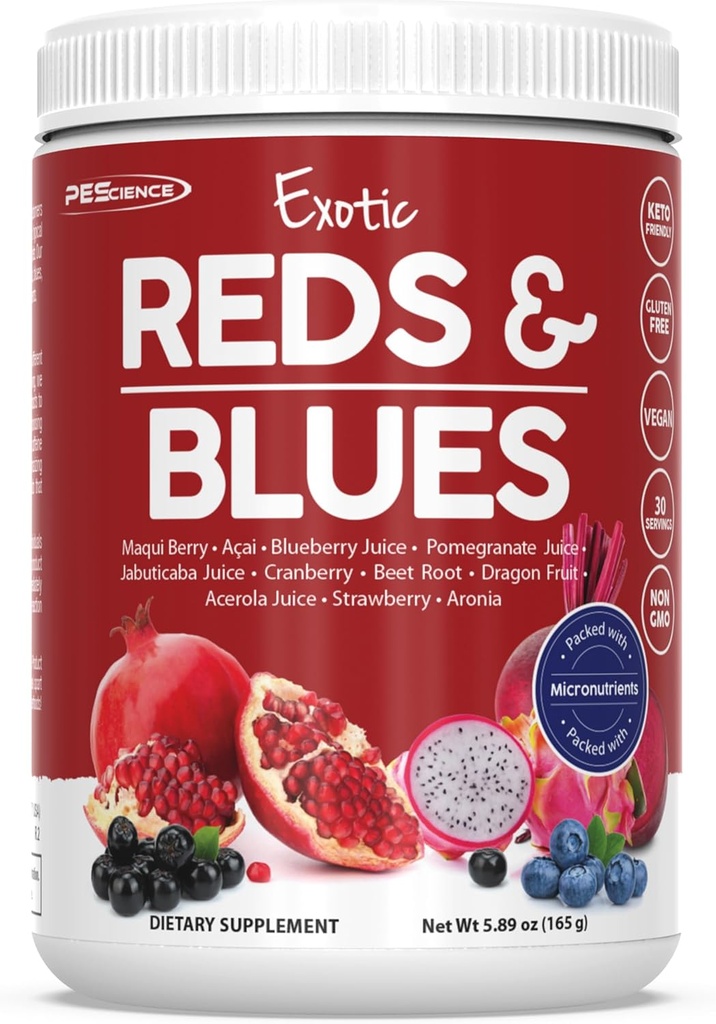 PEScience Reds & Blues Superfoods Σκόνη, 30 Σερβιέτες, Myo-Inositol συμπλήρωμα, Σκόνη ρίζας τεύτλων, Ρόδι και εκχύλισμα Acai, Καταψύξη-Dried Αντιοξειδωτικό μείγμα φρούτων