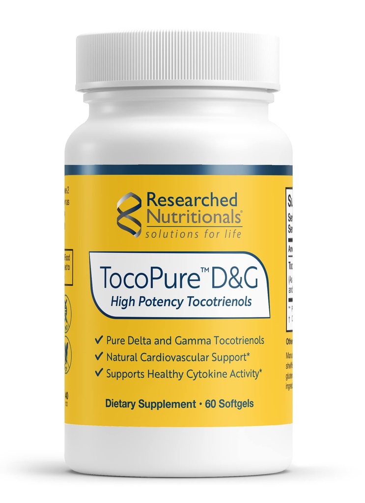 Researched Nutritionals TocoPure D&G - Vitamin E Tocotrienols - Annatto Tocotrienols Antioxidant Supplement with Delta + Gamma E for Heart Health, Lipid Metabolism & Cellular Support (60 Softgels)
