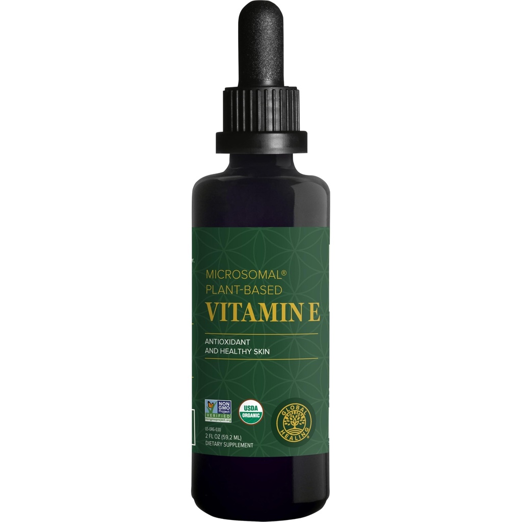 Global Healing Organic Vitamin E Liquid Drops 40 mg - Natural D-Alpha Tocopherol 15% α-tocopherol - Vegan Liquid Vitamin E Oil Oral Supplement for Skin - Low Dose Liposomal Vitamin (2 Oz)
