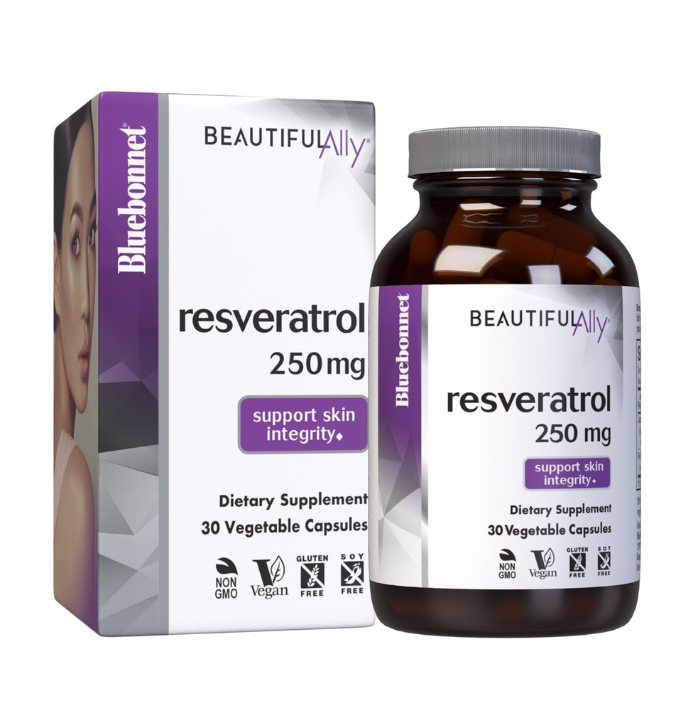 Bluebonnet Nutrition Beautiful Ally Resveratrol 250 mg, Protect Skin Integrity*, Non-GMO, Vegan, Gluten-Free, Soy-Free, Dairy-Free, 30 Vegetable Capsules, 30 Servings