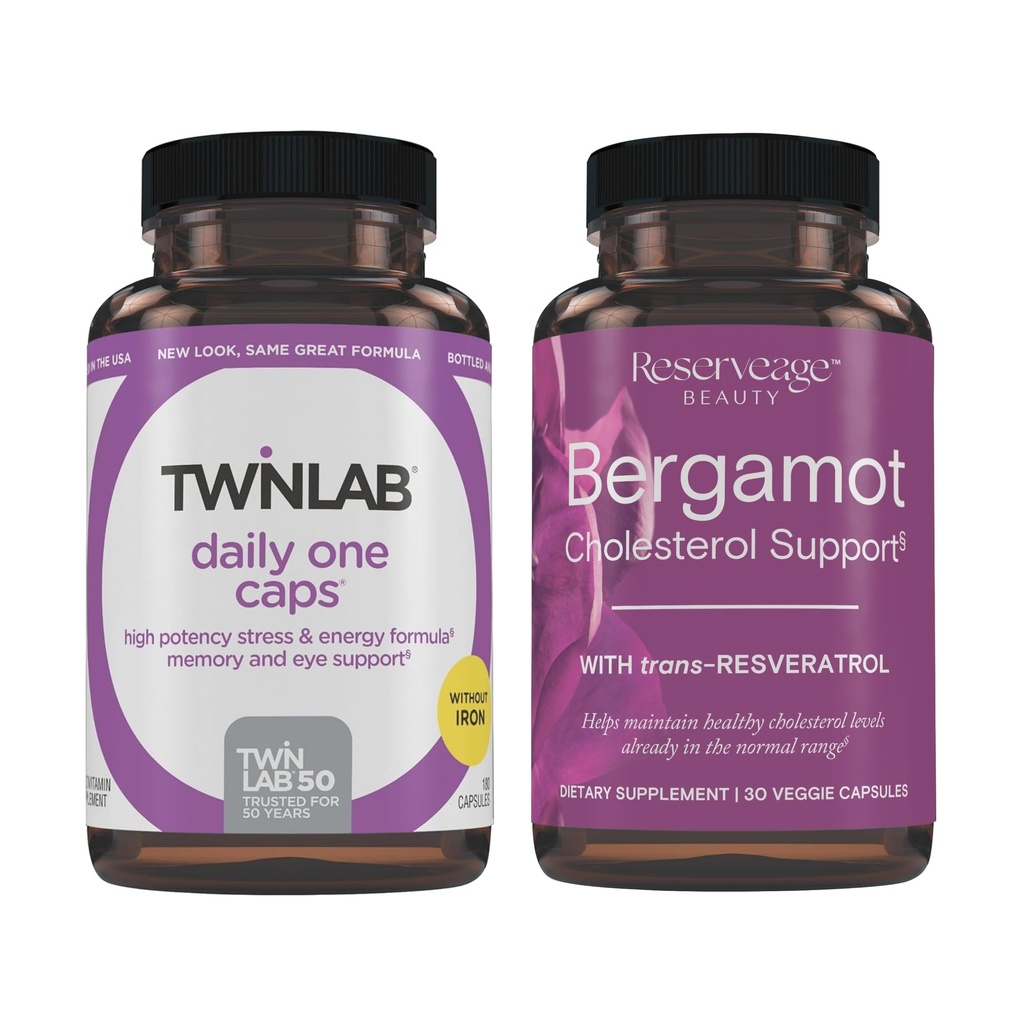Reserveage Nutrition Bergamot Cholesterol Support with Resveratrol, Vegan, 30 Capsules & Twinlab Daily One Caps Without Iron - Nutritional Supplement with Zinc, B Vitamins, Magnesium - 180 Capsules