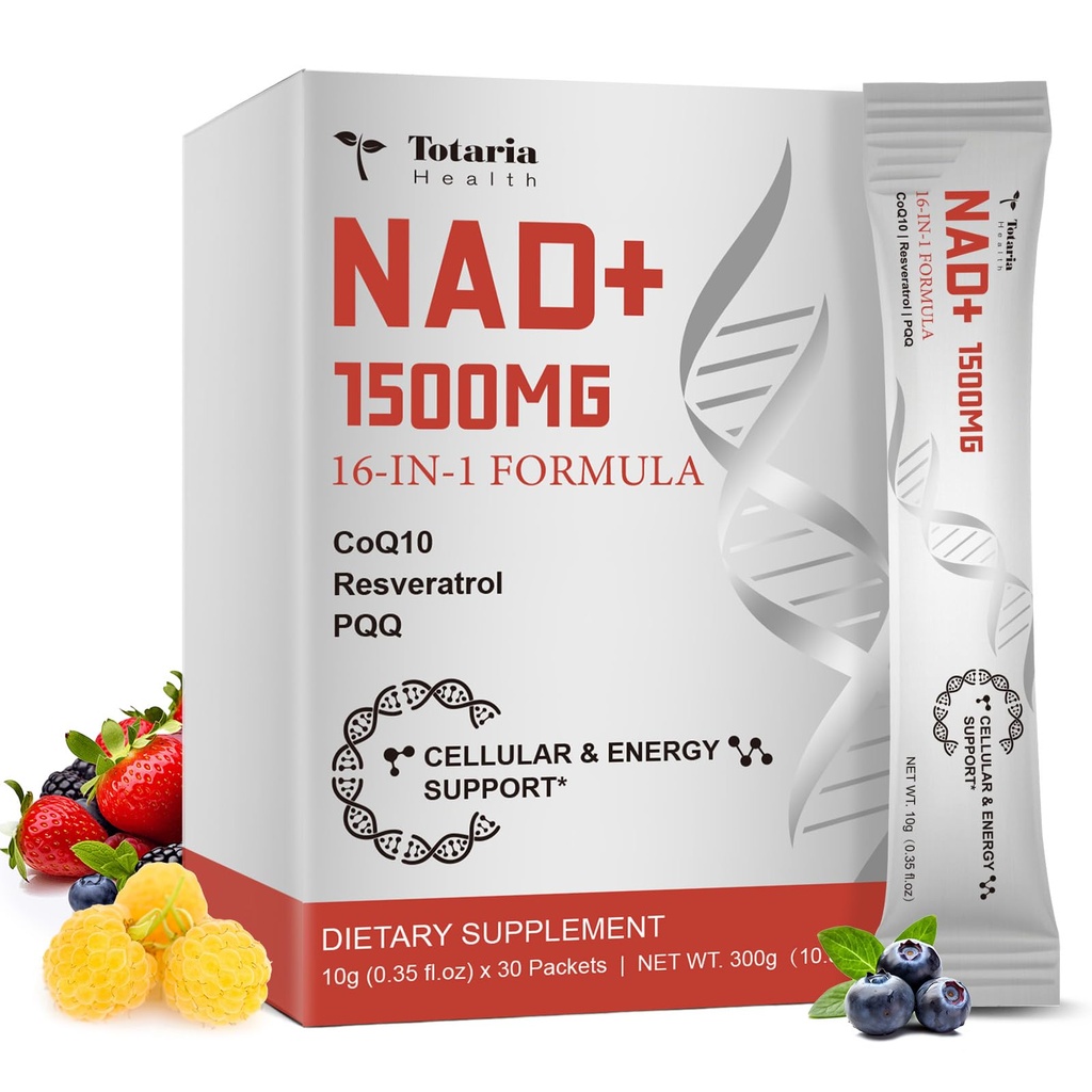 Totaria 16-in-1 NAD Liquid Supplement 1500mg for Men & Women, Extra Strength NAD+ with NMN Precursor, Resveratrol, PQQ, CoQ10, Supports Anti Aging, Energy, Immune, Focus (30 Packets) 1 Months Supply