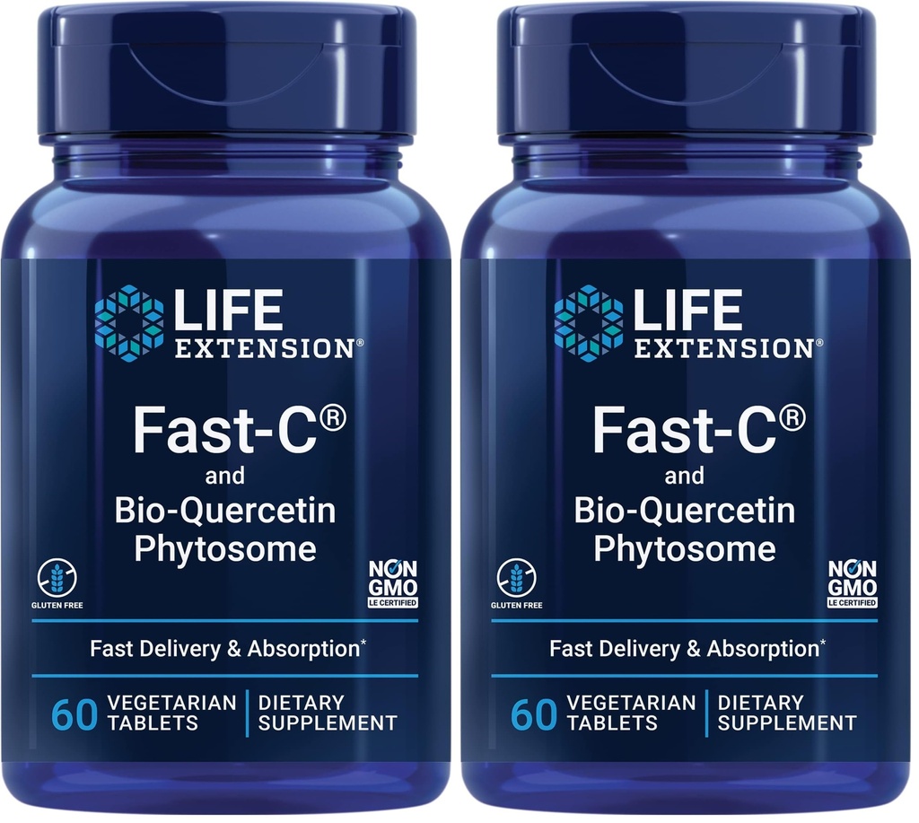 Επέκταση ζωής Fast-C & Bio-Quercetin Φυτοσώματα – Γρήγορη Παράδοση & Απορρόφηση Συμπλήρωμα βιταμίνης C για Βέλτιστη Ανοσολογική Υποστήριξη – Χωρίς γλουτένη, Μη ΓΤΟ, Χορτοφαγικά – 60 Δισκία (Pack of 2)