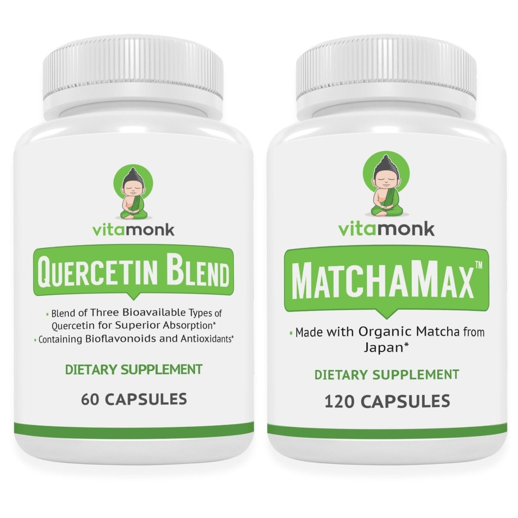 VitaMonk Quercetin Complex + Organic Matcha Capsules Bundle – Immune, Antioxidant & Energy Support – Quercetin 500 mg per Serving (2 Capsules) with Bromelain, L-Theanine & Catechins