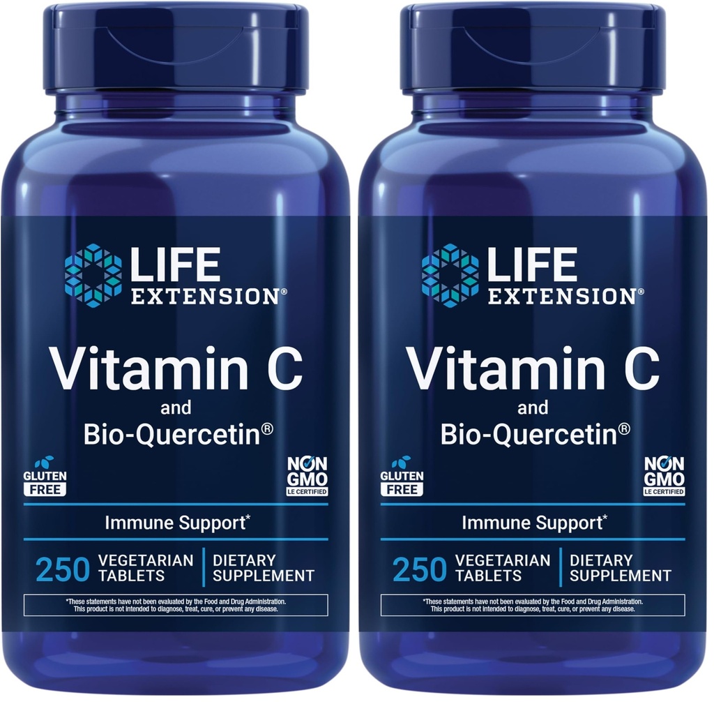 Επέκταση ζωής Βιταμίνη C και Bio-Quercetin®, Συμπλήρωμα Καρδιοαγγειακής Υγείας, Υποστήριξη Αιμοδιψής, Εξαιρετικά απορροφήσιμα, quercetin, Βιταμίνη C, Gluten Free,Non-GMO,Vegetarian,250 Tablets, (Pack of 2)