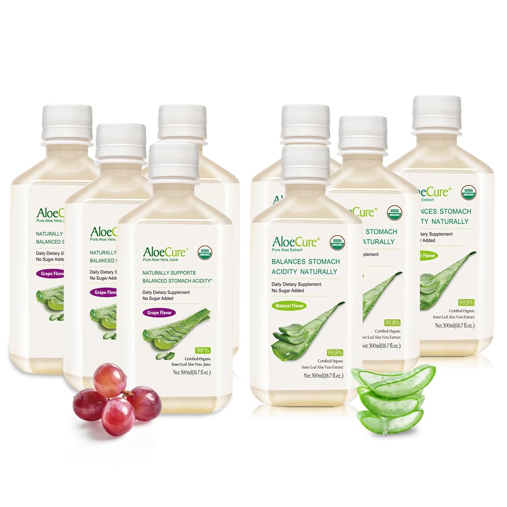 AloeCure Organic Aloe Vera Juice - 8 Bottle Sample Pack - Grape and Natural Flavor, 8x500ml