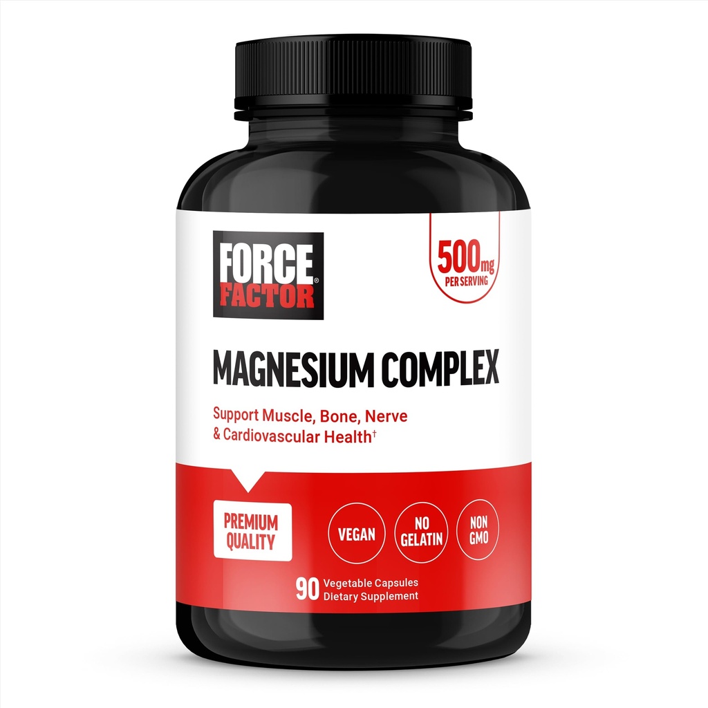 Force Factor Magnesium Complex συμπλήρωμα για την υποστήριξη μυών, οστών, νεύρων, και καρδιοαγγειακή υγεία, γλυκινικό μαγνήσιο, κιτρικό μαγνήσιο, και οξείδιο του μαγνησίου, Vegan, μη ΓΤΟ, 90 κάψουλες