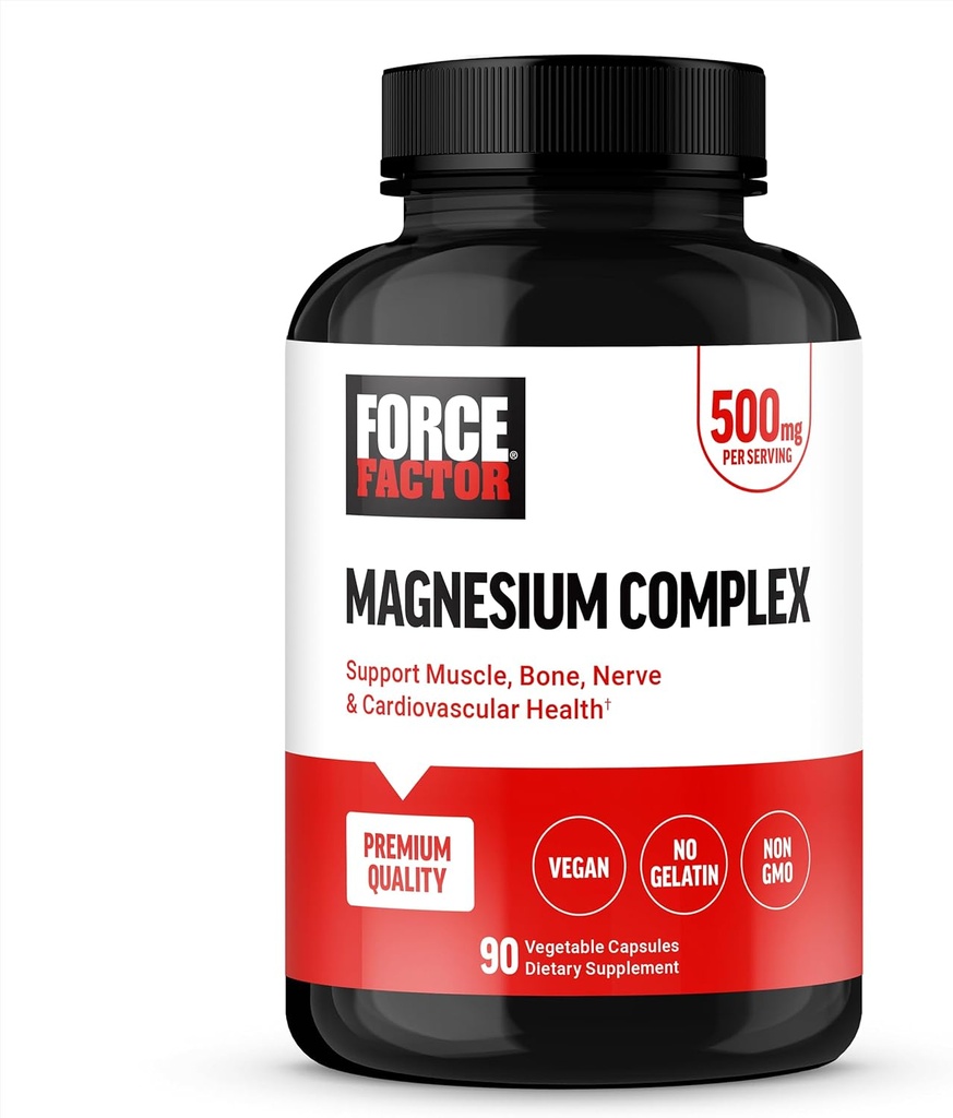 Force Factor Magnesium Complex συμπλήρωμα για την υποστήριξη μυών, οστών, νεύρων, και καρδιοαγγειακή υγεία, γλυκινικό μαγνήσιο, κιτρικό μαγνήσιο, και οξείδιο του μαγνησίου, Vegan, μη ΓΤΟ, 90 κάψουλες