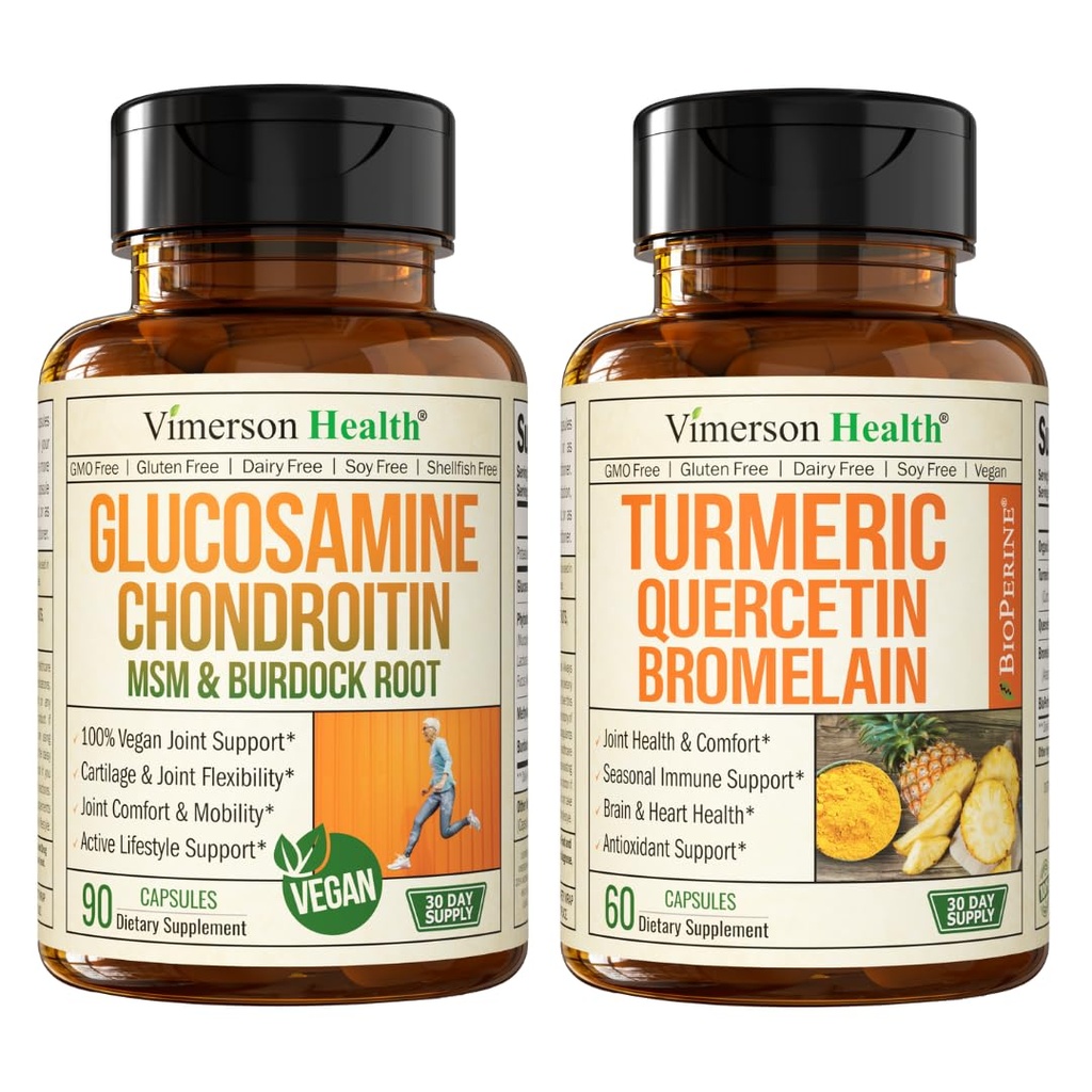 Vimerson Health Vegan Glucosamine Chondroitin MSM & Turmeric Quercetin with Bromelain – Joint, Mobility, and Immune Support Bundle for Clean, Plant-Based Wellness