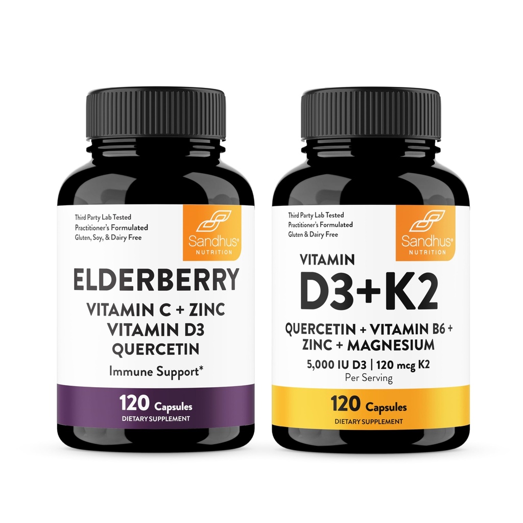 Sandhu's Elderberry & Vitamin D3 K2 with Quercetin Capsules (120 Count Each) | Supports Immune, Muscle Health & Energy