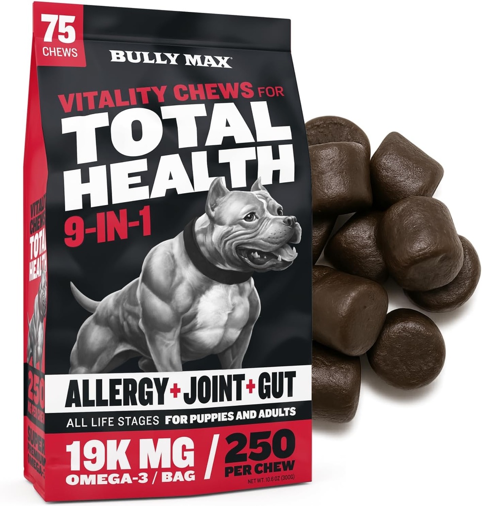 Bully Max Dog Chews & Multivitamin Treats for Puppy & Adult Dogs - 75 Μαλακά Chews, Συμπληρώματα Σκύλων & Βιταμίνες για όλες τις Φυές - Δέρμα, Coat, Εγκέφαλος, Καρδιά, Digestive Υγεία, Ανοσία, Κοινή Υποστήριξη