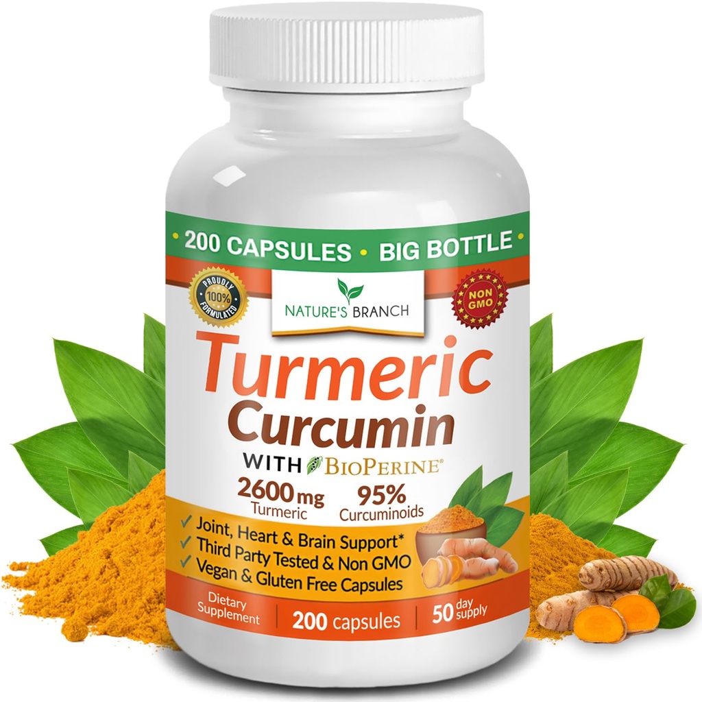 Turmeric Curcumin Supplement 2600mg | Organic Turmeric Powder - 95% Curcuminoids, 200 Capsules - Extra Strength for Joint Support with Black Pepper - High Absorption, BioPerine Extract, Vegan Pills
