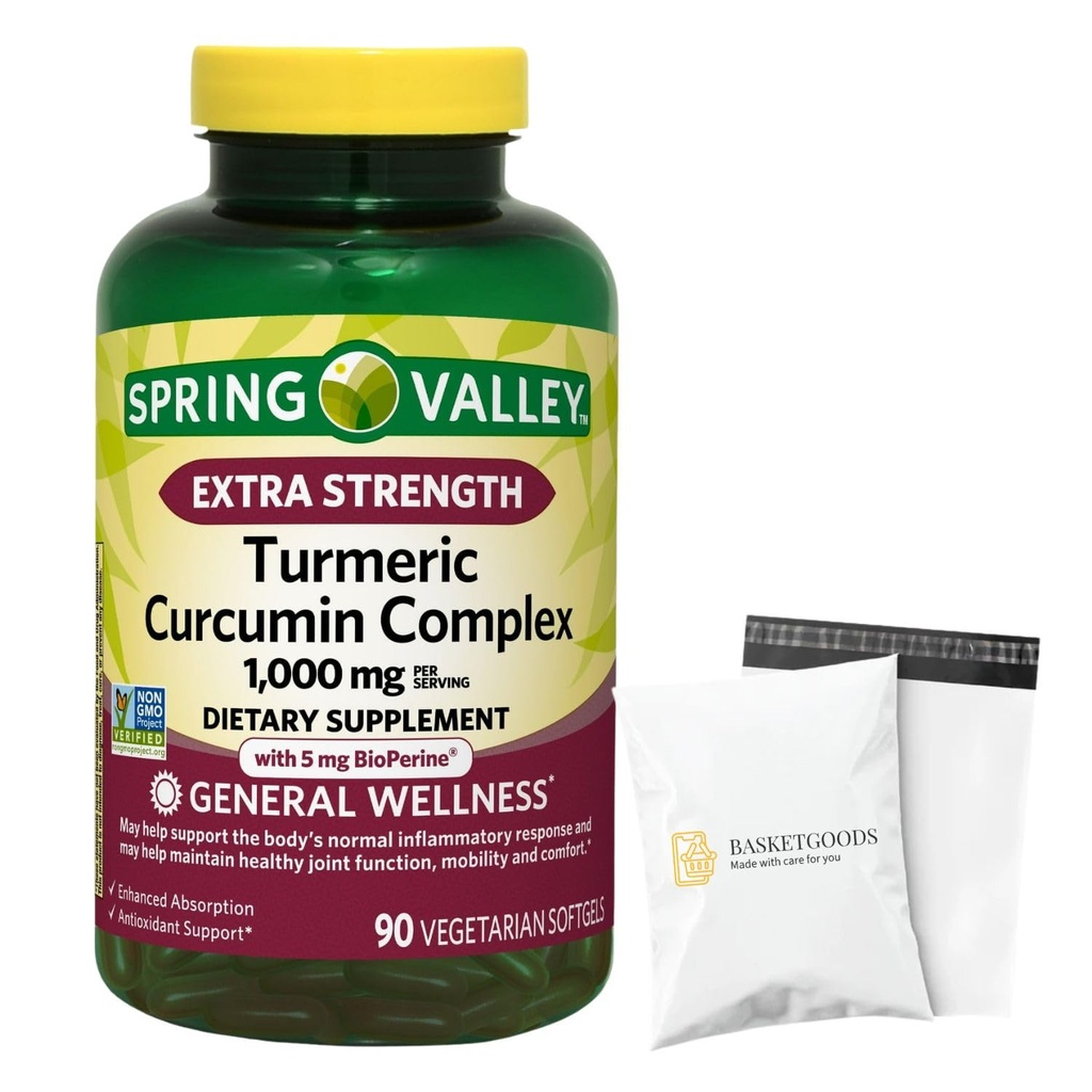 Spring Valley Turmeric Curcumin 1000 mg- Complex Extra Strength 90 softgels (Pack of 1), Set by Basket Goods