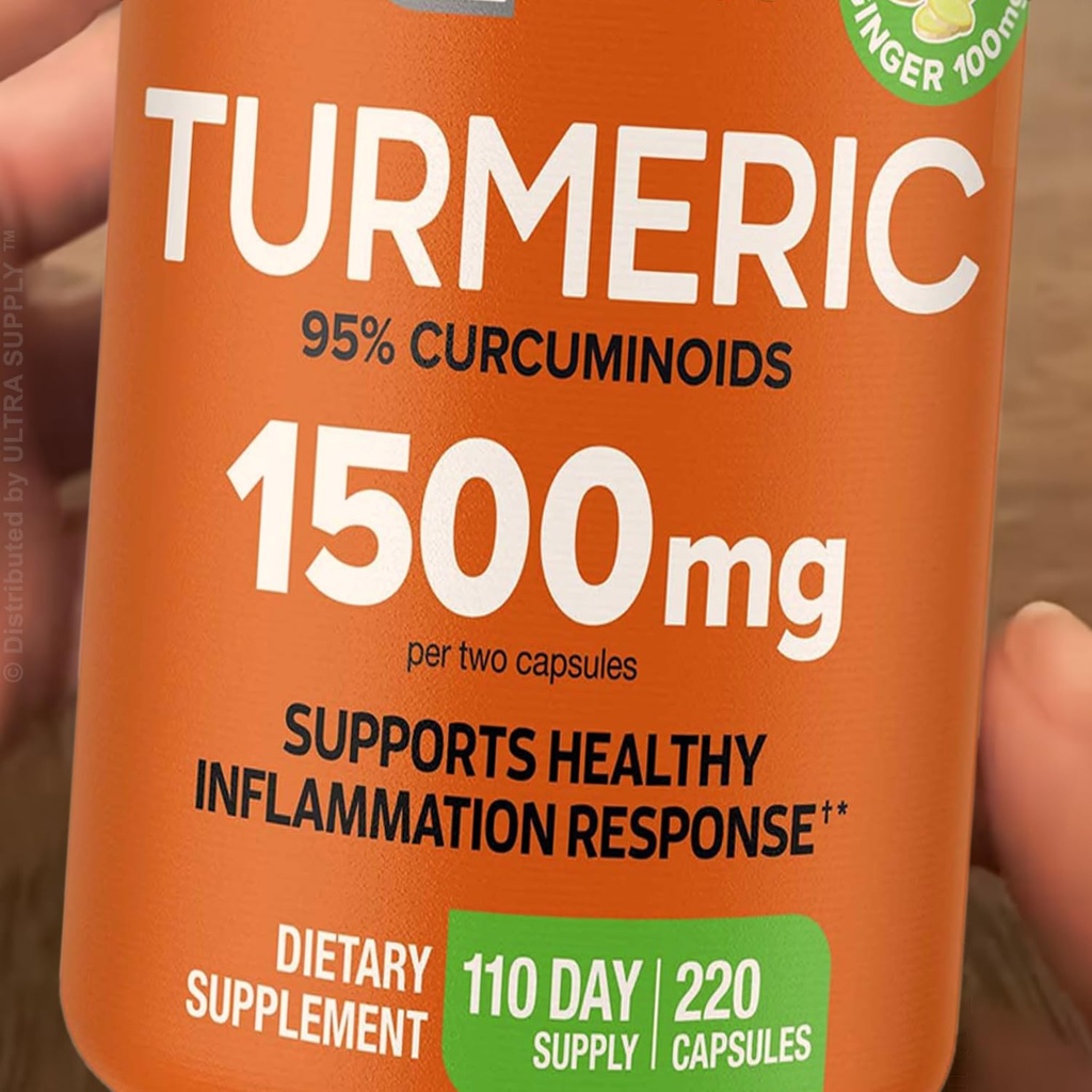 Turmeric 1500 mg Capsules with 95% Curcuminoids, Ginger & Black Pepper Extract (220 Count, Value Pack) High Absorption for Daily Mobility & Comfort, Non-GMO, Gluten-Free, Vegan-Friendly