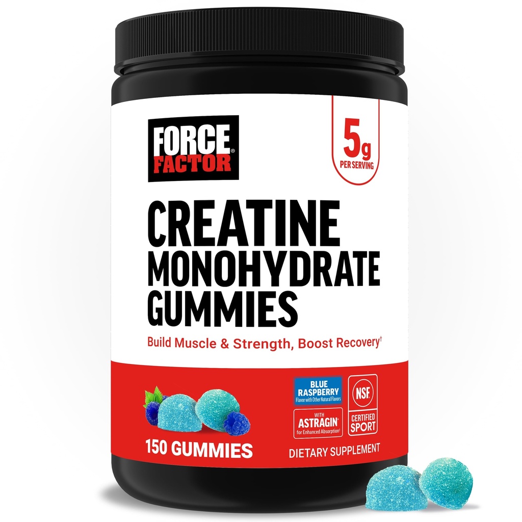 Force Factor Creatine Monohydrate Gummies, NSF Certified, 5g Dose for Men & Women to Support Muscle, Strength, Recovery, Cognative Health & Memory, Packaging May Vary, Blue Raspberry, 150 Gummies