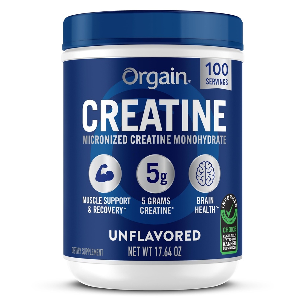 Orgain Creatine Monohydrate Micronized Powder, 100 Services, Unflavored, Υποστηρίζει την ανάπτυξη των μυών, μετά την αποκατάσταση προπόνησης και την υγεία του εγκεφάλου, χωρίς τεχνητά πρόσθετα, για άνδρες και γυναίκες (Packaging May Vary)