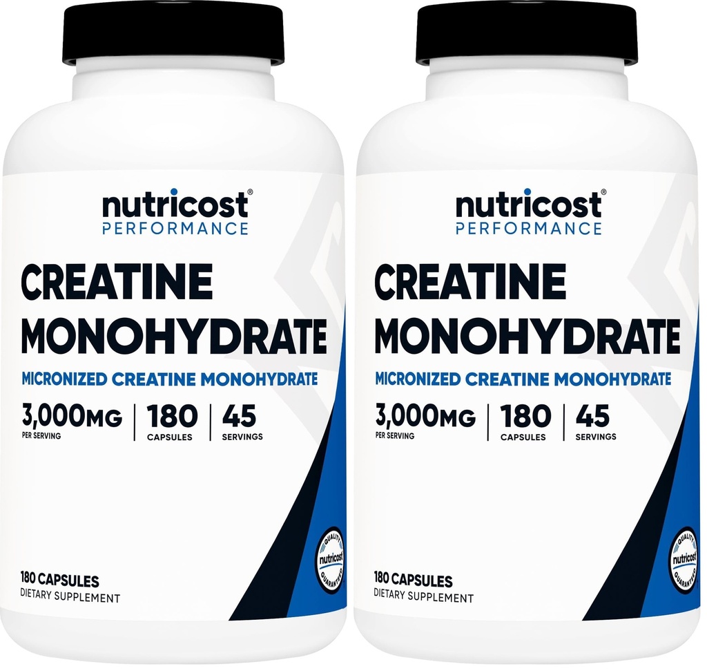 Nutricost Creatine Monohydrate 3.000mg, 180 Κάψουλες (750mg ανά καψάκιο) - Χωρίς γλουτένη, Μη ΓΤΟ (πακέτο του 2)