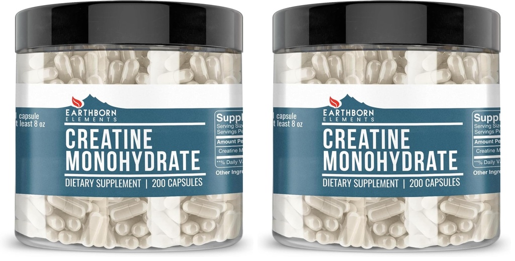 Earthborn Elements Creatine Monohydrate 200 Κάψουλες, Καθαρά & Μη αραιωμένα, Χωρίς Πρόσθετα (Pack of 2)