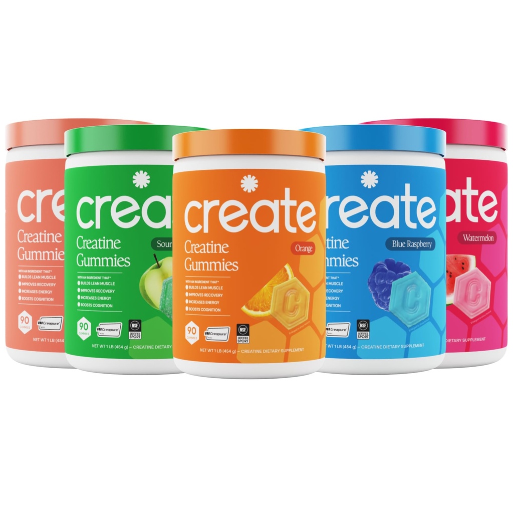 Create Creatine Monohydrate Gummies - High Five Bundle - Sour Peach, Sour Apple, Watermelon, Blue Raspberry & Orange - Createine Gummies for Women & Men, NSF Certified, 3rd Party Tested, (5-Pack)
