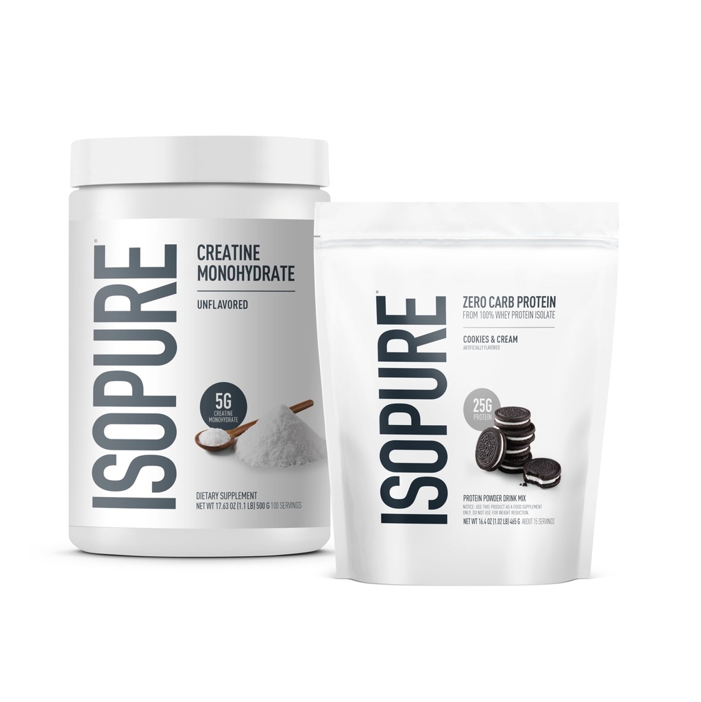 Isopure Bundle Zero Carb 100% Pure Whey Isolate Protein Powder, Cookies & Cream, 25g Protein Per Serving, 1 Lb, 15 Servings + Isopure 100% Pure Creatine Monohydrate Powder, 100 Servings